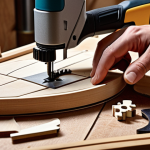 **

A cluttered workshop scene focusing on a jigsaw being used to cut a complex curved shape in a wooden panel. Show the jigsaw in action, highlighting the precision and detail possible with this tool. The background could include other tools and materials, suggesting a DIY or woodworking project.

**
