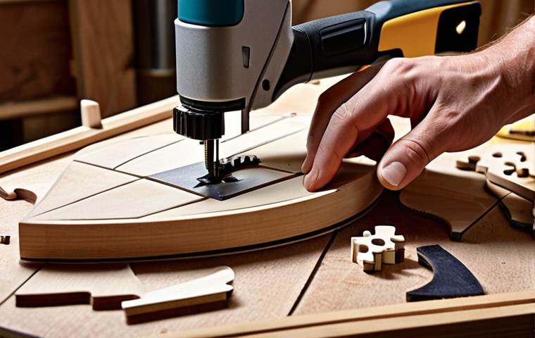 **
A cluttered workshop scene focusing on a jigsaw being used to cut a complex curved shape in a wooden panel. Show the jigsaw in action, highlighting the precision and detail possible with this tool. The background could include other tools and materials, suggesting a DIY or woodworking project.
**