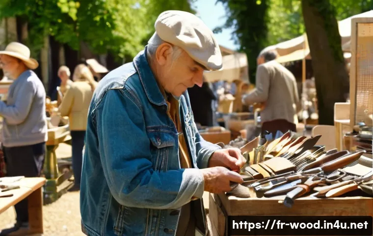 중고 목공 공구 거래 팁 - **Prompt:** "A vibrant, bustling French 'brocante' or flea market scene on a sunny weekend morning. ...