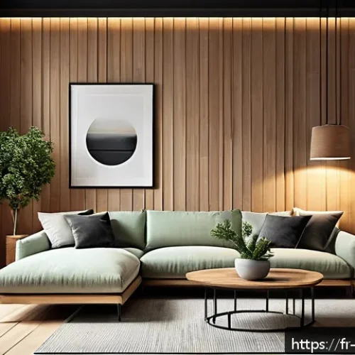Home 13 목재 인테리어 아이디어 - A cozy modern living room featuring light oak wood paneling on the walls, with horizontal lambris th...