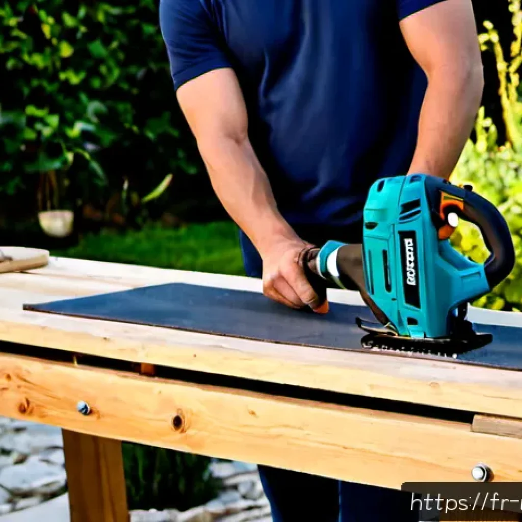 야외용 가구 제작법 - Photorealistic French backyard woodworking scene, a skilled craftsperson building a weather-resistan...
