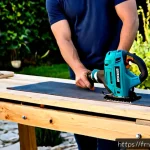 야외용 가구 제작법 - Photorealistic French backyard woodworking scene, a skilled craftsperson building a weather-resistan...