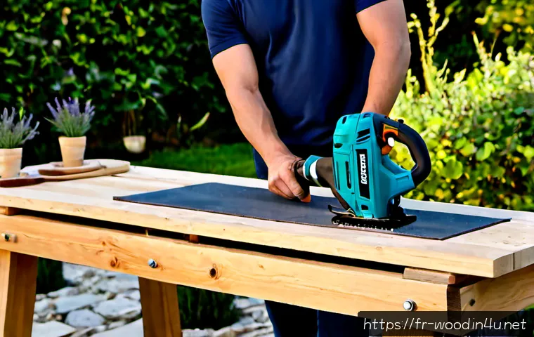 야외용 가구 제작법 - Photorealistic French backyard woodworking scene, a skilled craftsperson building a weather-resistan...